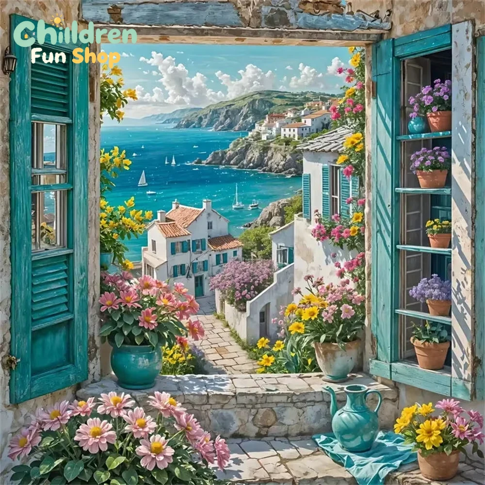 Resin Art Wallpaper - DIY Blue Window Floral Coastal Village