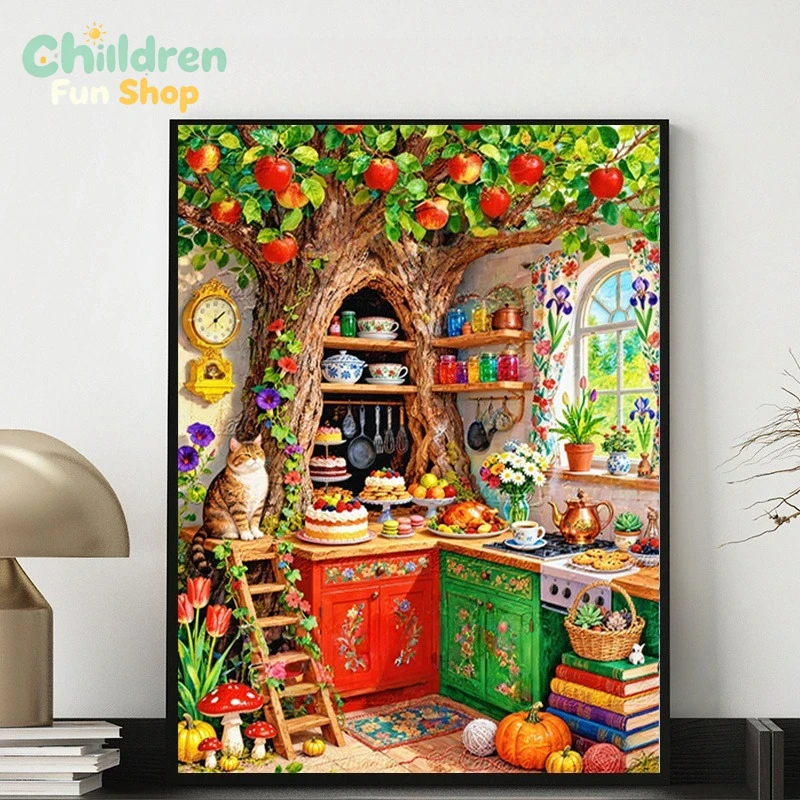 Resin Art Wallpaper - Whimsical Tree‑Hollow Kitchen With Cat &